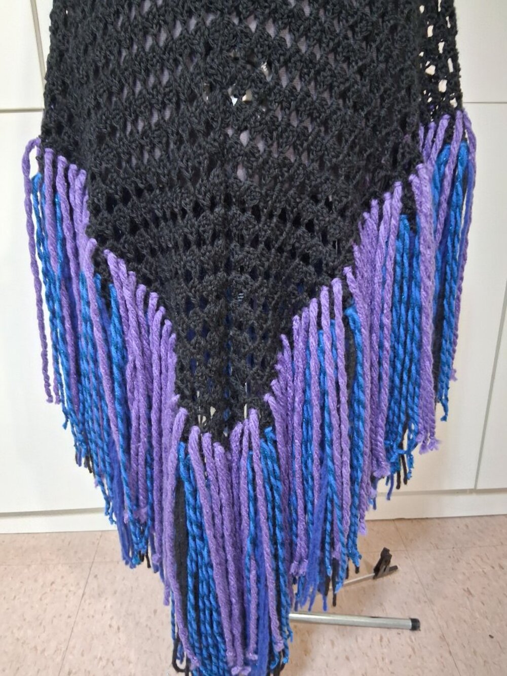 Boho Black with Royal Blue - Purple - Black Super Fringe Shawl - Picture 10 of 12